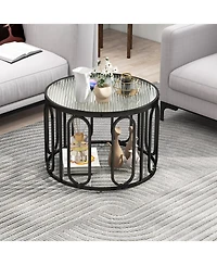 Gouun 24 Inch Round Table with Reeded Tempered Glass Top and Oval Swivel Brackets