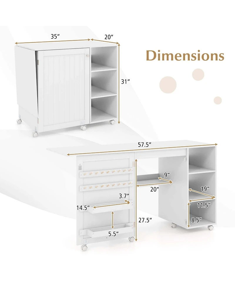 Folding Sewing Table with Storage Shelves 2 Storage Bins & 18 Pegs Lockable Casters