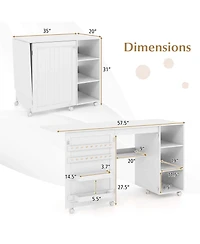 Folding Sewing Table with Storage Shelves 2 Storage Bins & 18 Pegs Lockable Casters