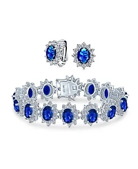 Bling Jewelry Style Fashion Oval Crown Halo Statement Bracelet Matching Clip On Earrings Set Silver Plated