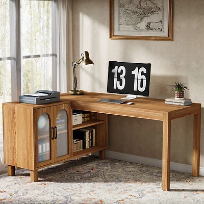 Tribesigns 59-Inch L Shaped Computer Desk with Cabinet, Farmhouse Corner Desk with Storage Shelves, L Shaped Executive Desk, Long Writing Desk for Hom