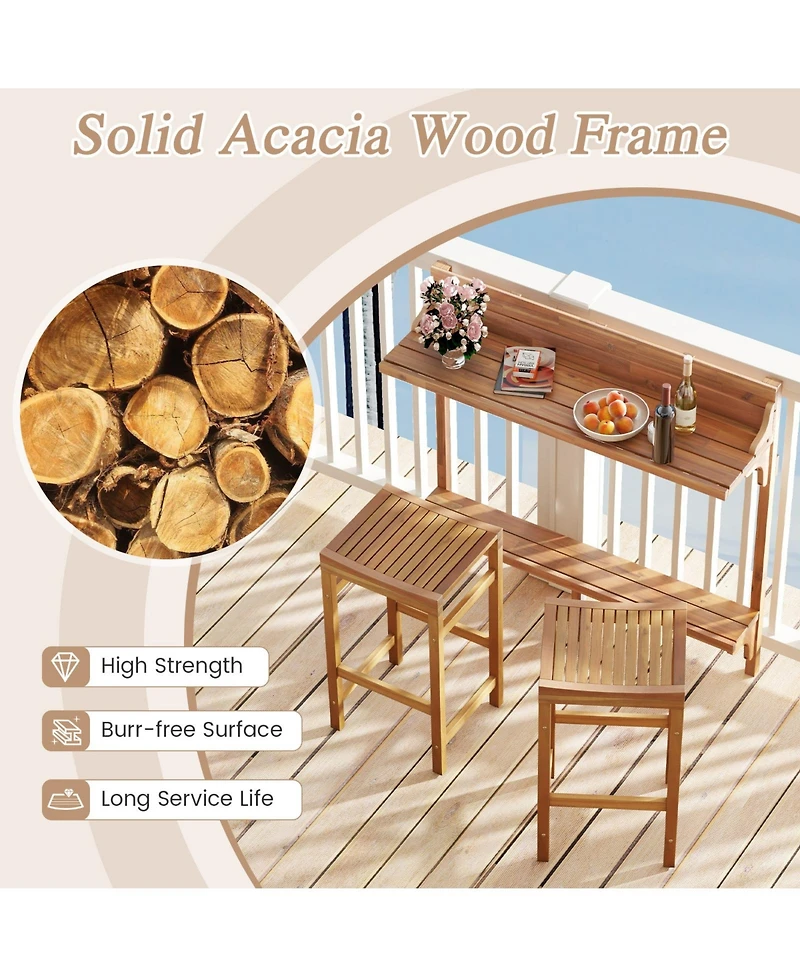 Gouun 3 Pieces Patio Acacia Wood Bar Table Set with Footrest Curved Wood Seat