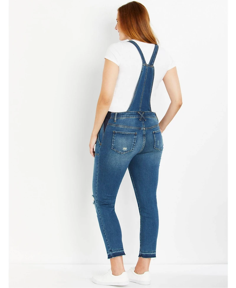 Motherhood Maternity Indigo Blue Side-Panel Letdown Skinny Ankle Denim Overalls 