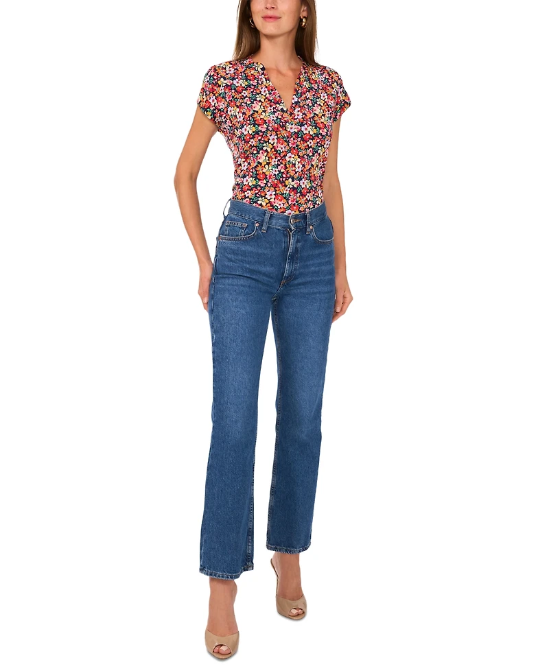 Vince Camuto Women's Floral-Print Split-Neck Cap-Sleeve Top