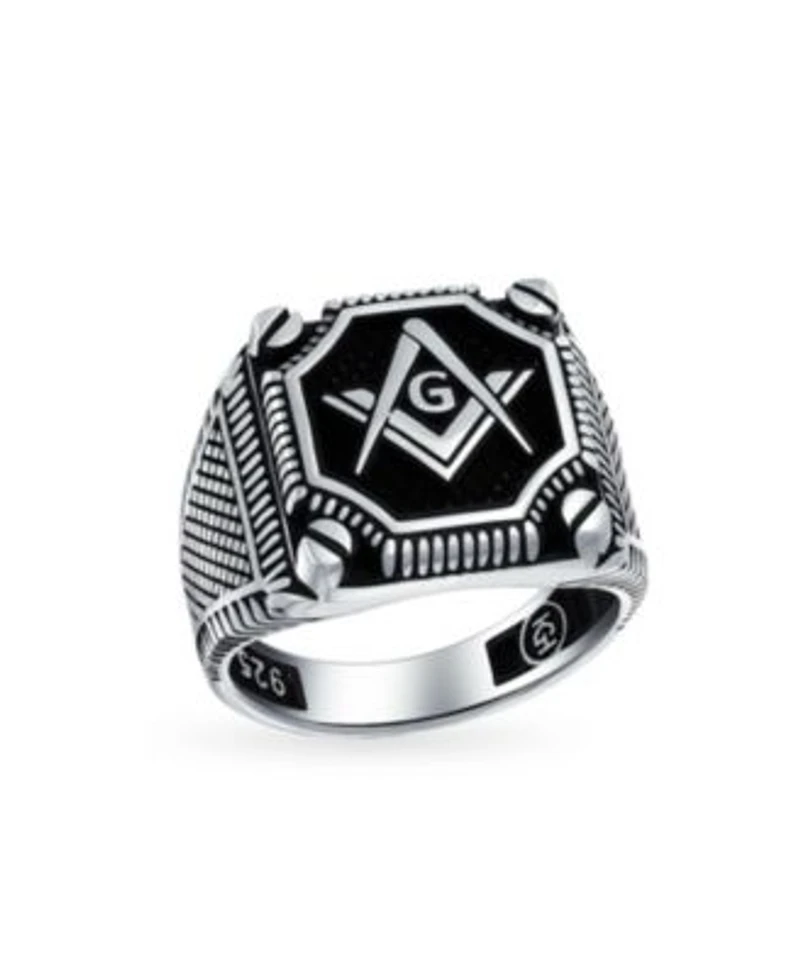 Bling Jewelry Black Large Freemason Masonic Signet Ring Solid .925 Silver