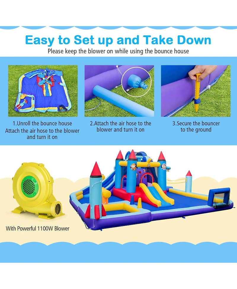 Rocket Theme Inflatable Water Slide Park with 2 Slides Splash Pool & 1100W Blower