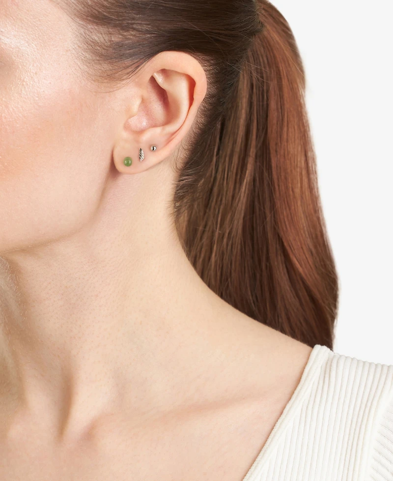 3-Pc. Set Green Aventurine, Polished Sphere & Feather Stud Earrings in Sterling Silver