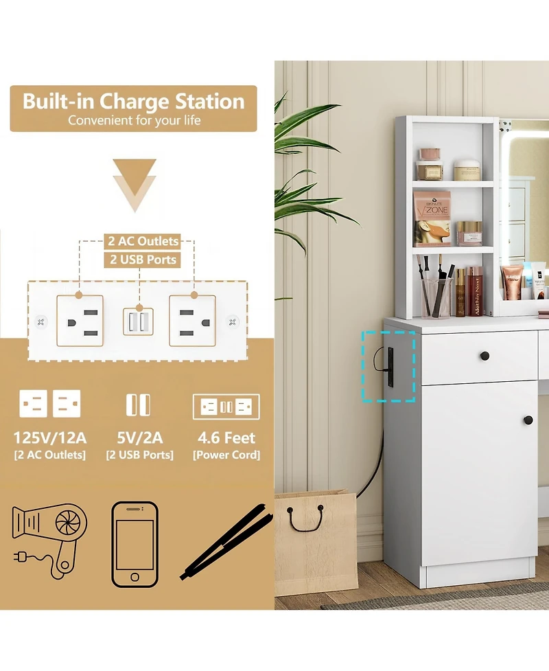 gaomon Vanity Desk with Led Lighted Mirror & Power Outlet, Makeup Vanity with Drawers & Cabinet & Chair
