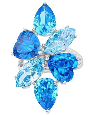 Blue Cubic Zirconia Mixed Cut Cluster Statement Ring in Sterling Silver