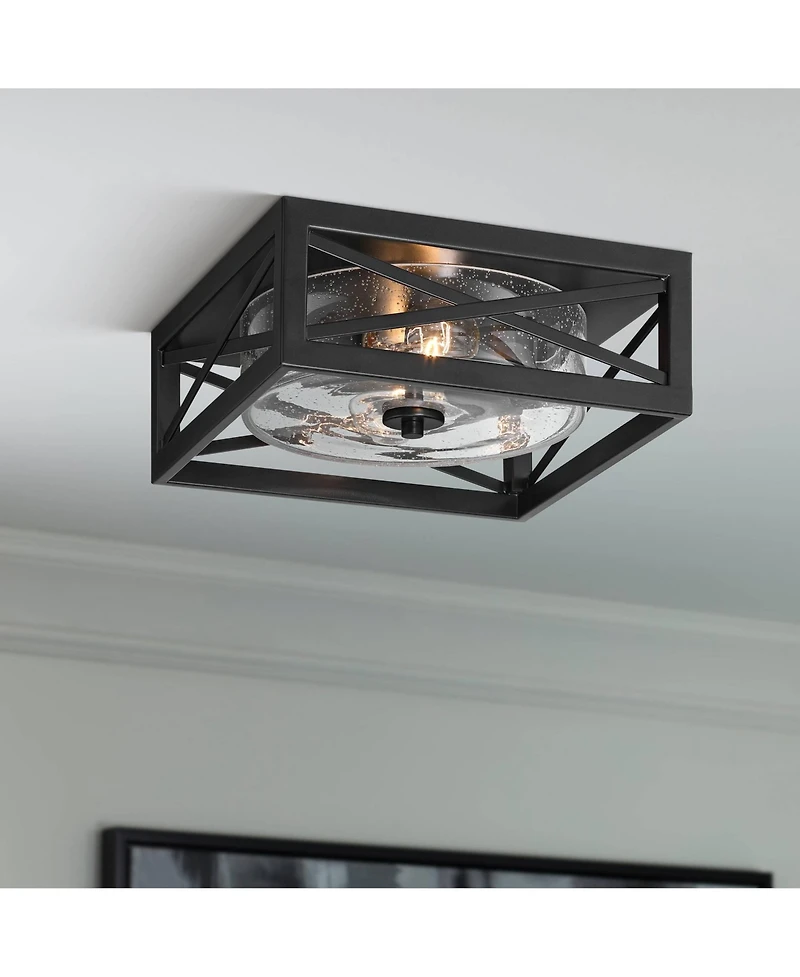 Franklin Iron Works Drake 12" Modern Industrial Flush-Mount Ceiling Light Fixture Kitchen Foyer Hallway Round 2-Light Black Clear Seeded Glass Metal B
