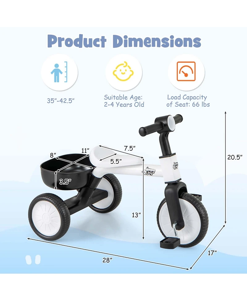 2-In-1 Kids Tricycle Auxiliary Balance Bike with Detachable Pedals Toddler Tricycle