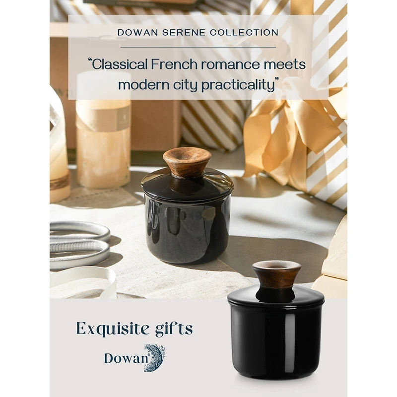 Porcelain Butter Keeper Crock, French Butter Dish with Lid to Leave on Counter - Black Wood