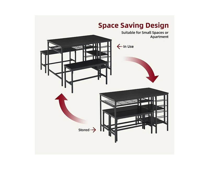 gaomon Dining Table Set for 4, Kitchen Table Set for 4 with 2 Benches, Rectangular Dining Room Table Set with Wine Rack & Storage Shelves, 3 Piece Din