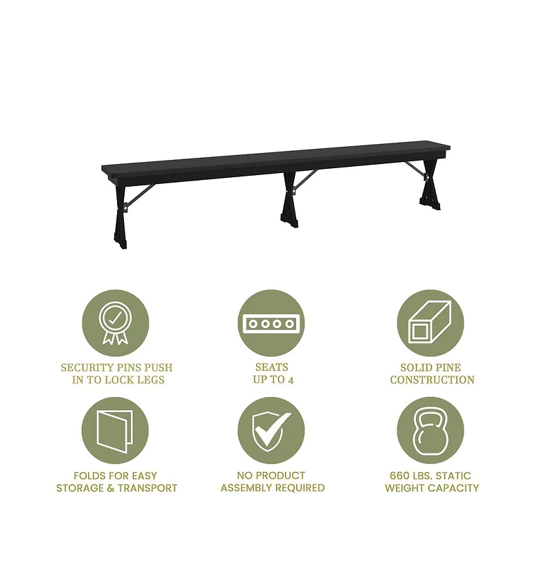 Merrick Lane Tinsley 8' X 12" Solid Pine Folding Farmhouse Style Bench, Rustic Pinewood Folding Dining Bench With Locking X-Legs