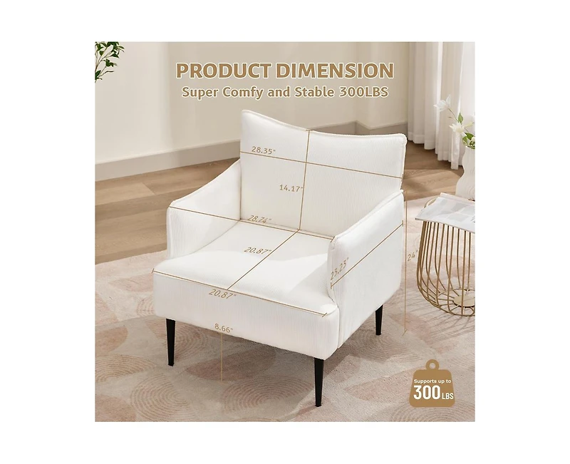 gaomon Modern Accent Chair, Corduroy Living Room Armchair for Bedroom, Modern Accent Armchair Comfy Reading Chair Single Sofa for Waiting Room, White