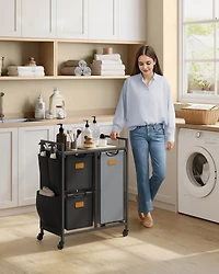 Slickblue 4-Compartment Laundry Hamper, Rolling Sorter Cart with Shelves, Side Pockets & 6 Labels