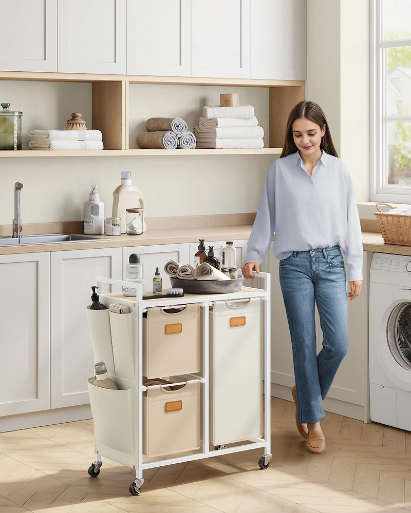 Slickblue 4-Compartment Laundry Hamper, Rolling Laundry Sorter Cart with Shelves, Side Pockets & 6 Labels