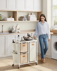 Slickblue 4-Compartment Laundry Hamper, Rolling Laundry Sorter Cart with Shelves, Side Pockets & 6 Labels