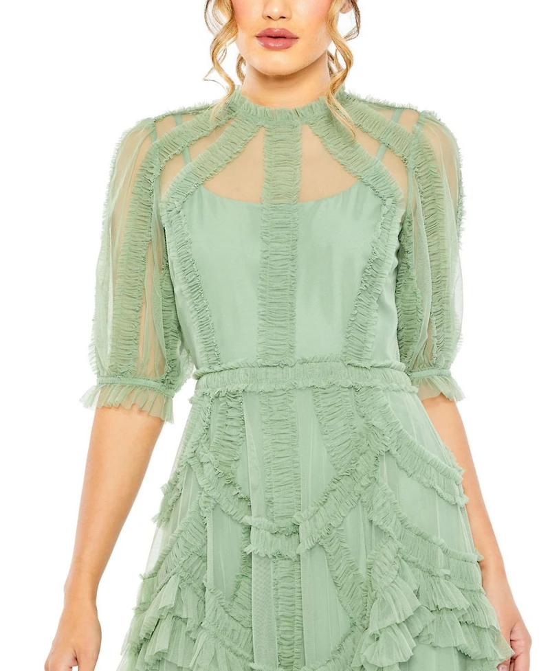 Mac Duggal Women's High Neck Puff Sleeve Ruffle Tiered Dress