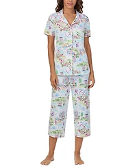 Cuddl Duds Women's Printed Collared Cropped Pajama Set