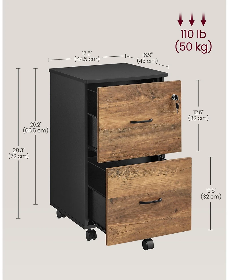 2-Drawer Locking File Cabinet with Wheels for Home Office Document Storage