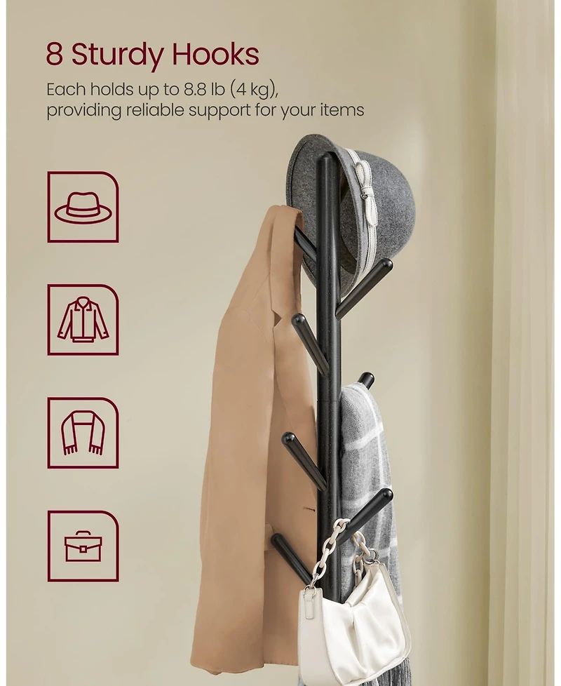 Freestanding Coat Tree with 8 Hooks and Storage Shelf for Entryway or Hallway