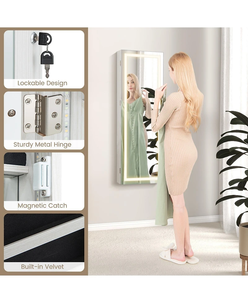 Gouun 42.5 Inches Lockable Jewelry Mirror Wall Cabinet with 3-Color Led Lights