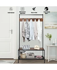 3 in 1 Industrial Coat Rack Shoe Bench Hall Tree Entryway Storage Shelf w/ Hooks