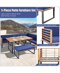 Costway 8pcs Patio Acacia Wood Dining Table & Ottoman Sofa Chair Set Outdoor Furniture