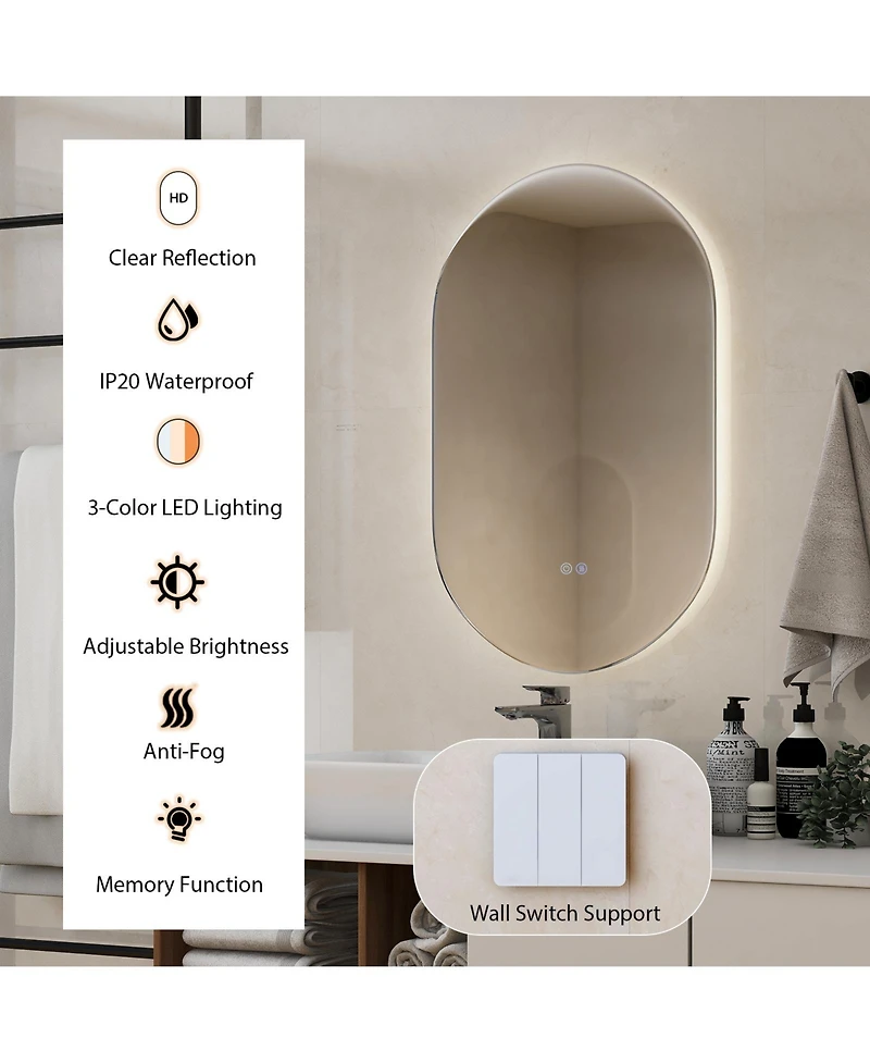32'' x 20'' Oval Bathroom Wall Mirror Mounted Makeup Mirror with Lights & Anti-Fog