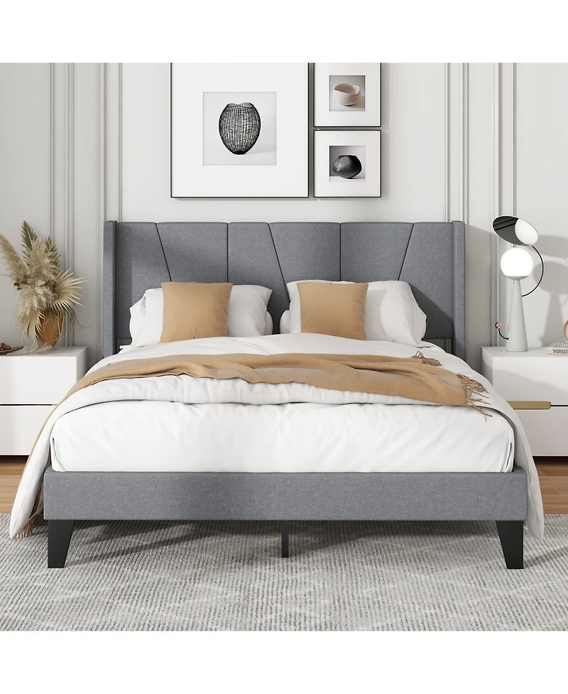 Gouun Full Size Bed Frame with Wingback Headboard and Wood Slat Support-Full Size