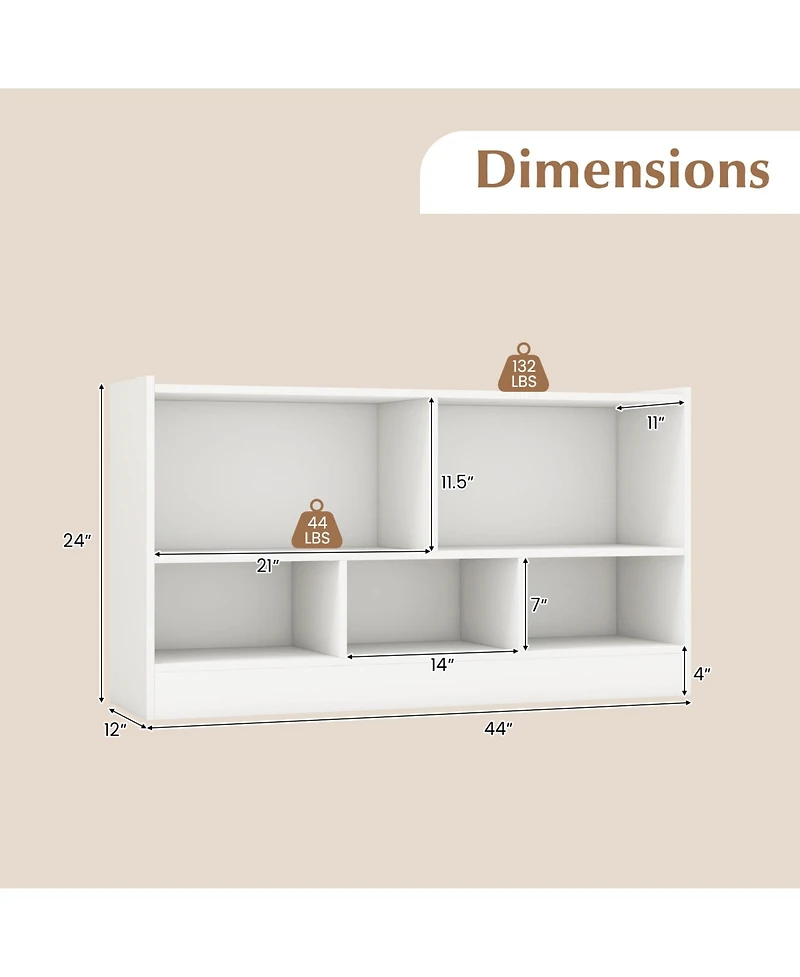 Gouun Kids 2-Shelf Bookcase 5-Cube Wood Toy Storage Cabinet Organizer