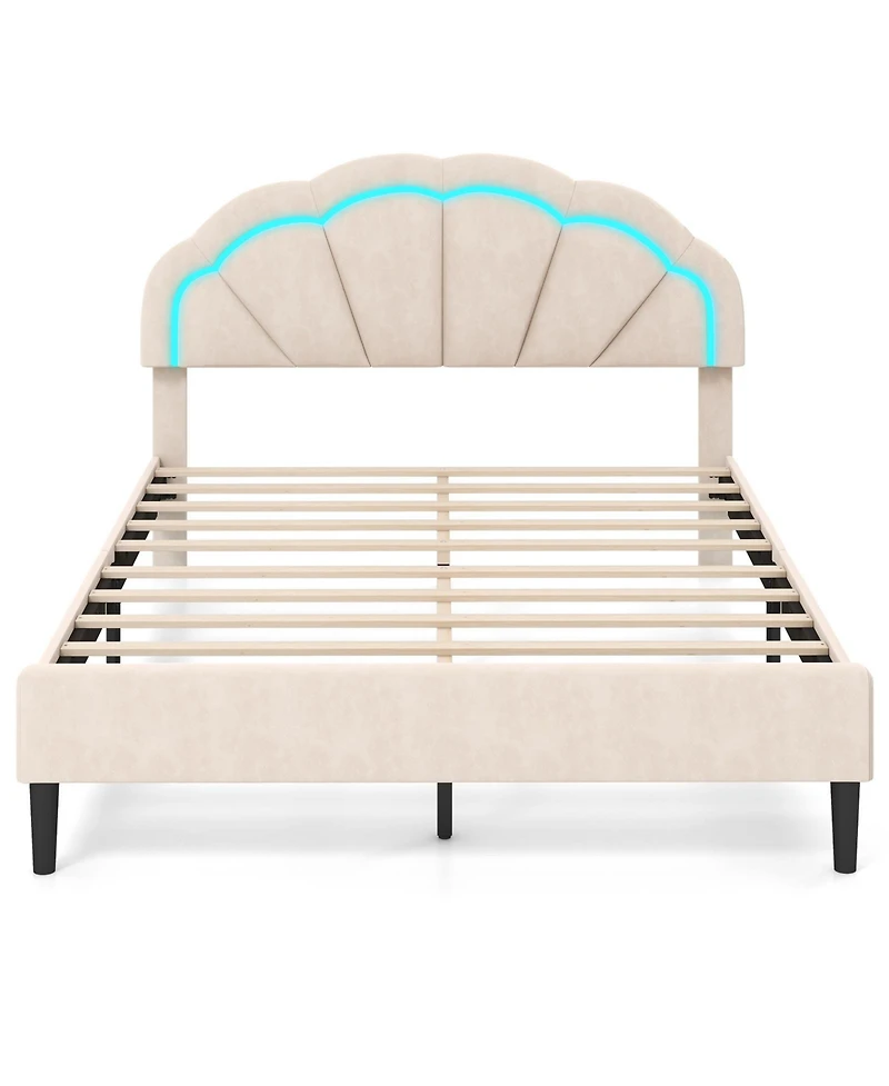 Gouun Upholstered Led Bed Frame with Adjustable Flower Headboard and Metal Support Feet-Queen Size