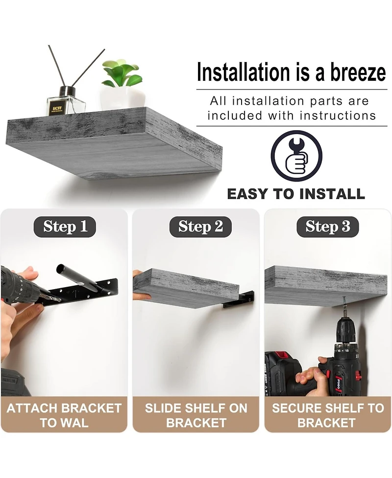 Set of 3 (9") Sorbus Square Floating Shelf with Invisible Mounting Brackets for Living Room Decor, Bedroom, Bathroom Decor, Kitchen (Rustic Gray