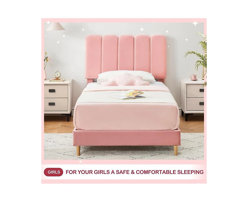 gaomon Pink Twin Bed Frame, Velvet Upholstered Platform Bed Frame with Headboard, Strong Wooden Slats, Noise-Free,No Box Spring Needed