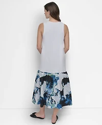 Dkny Women's Mixed-Media Floral-Hem Sleeveless Dress