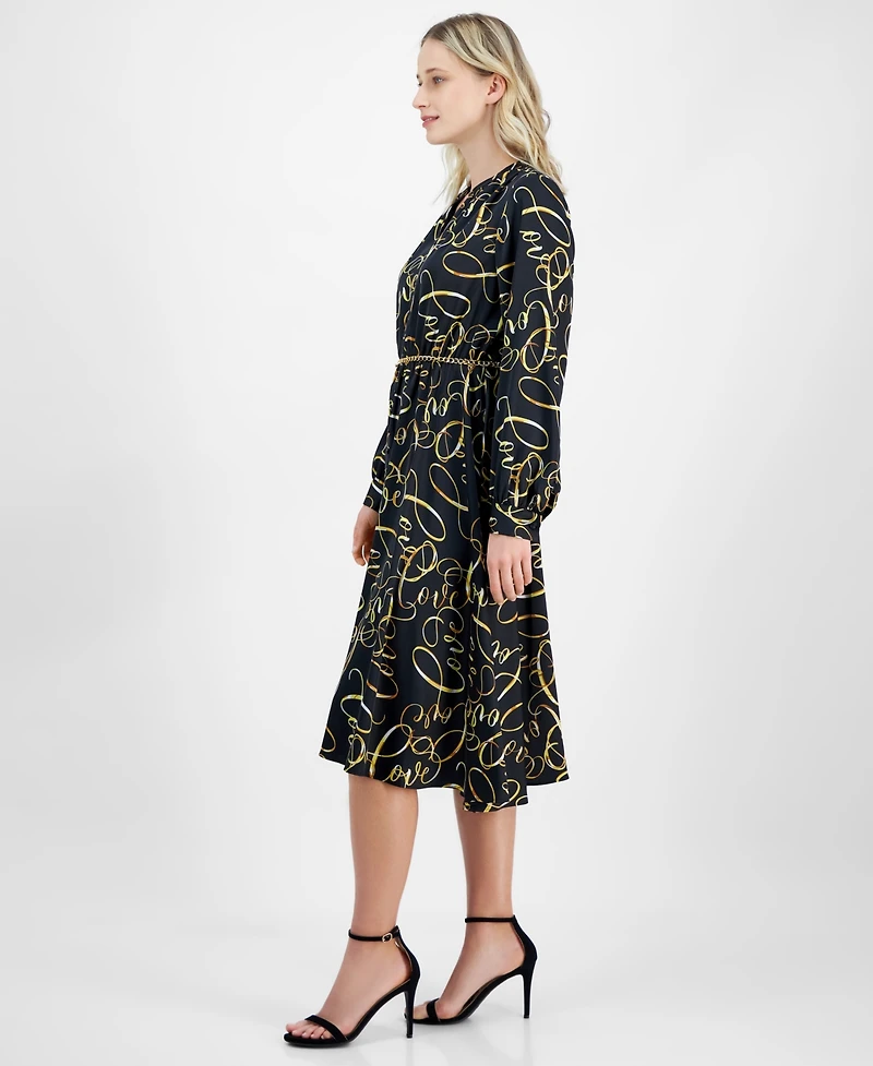 T Tahari Women's Button-Front Long-Sleeve Chain-Belt Dress