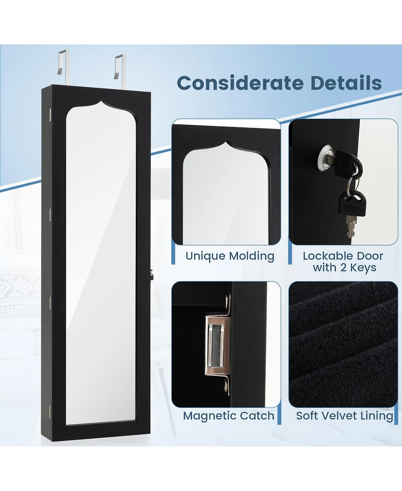 Gouun Lockable Wall Mounted Mirror Jewelry Armoire with 5 LEDs and 6 Drawers