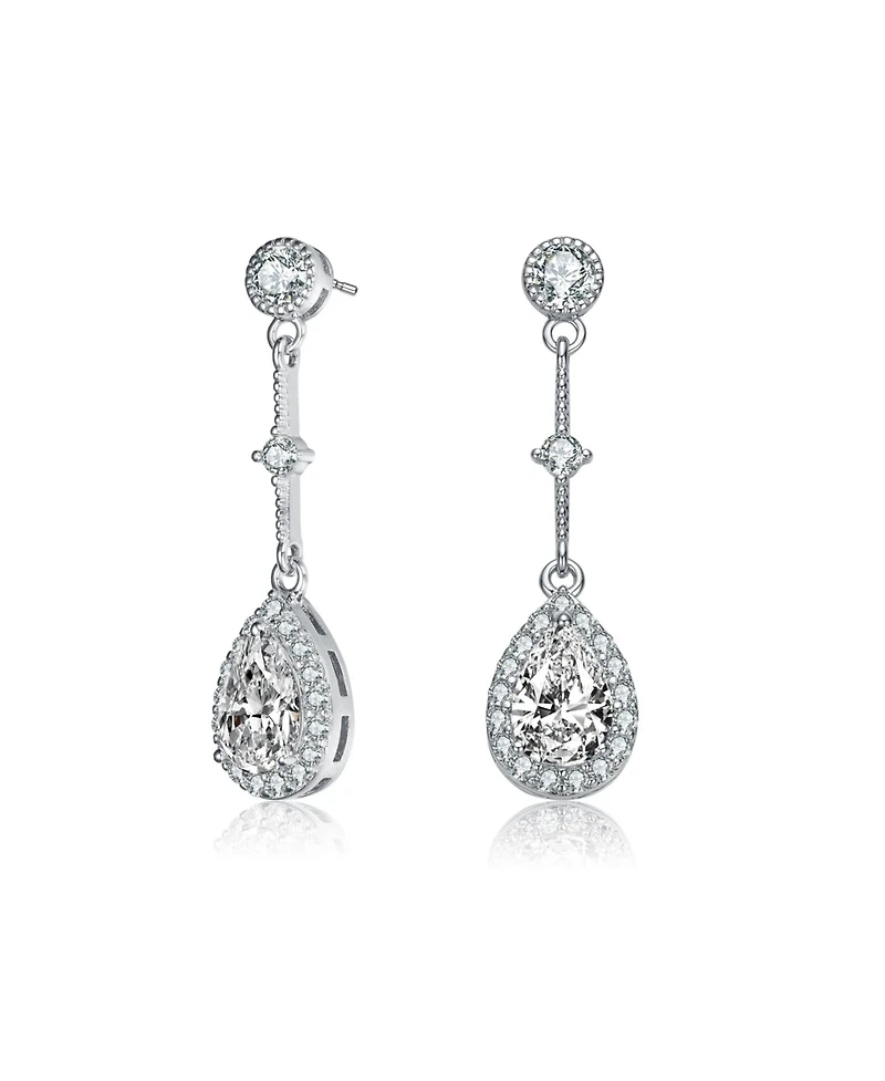 Sterling Silver White Gold Plated with Clear Pear & Round Cubic Zirconia Accent Chandelier Earrings