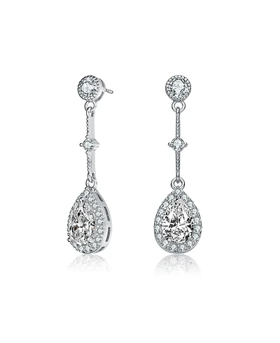 Sterling Silver White Gold Plated with Clear Pear & Round Cubic Zirconia Accent Chandelier Earrings