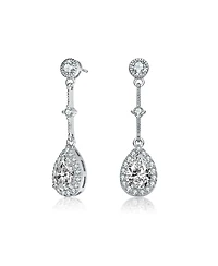 Sterling Silver White Gold Plated with Clear Pear & Round Cubic Zirconia Accent Chandelier Earrings