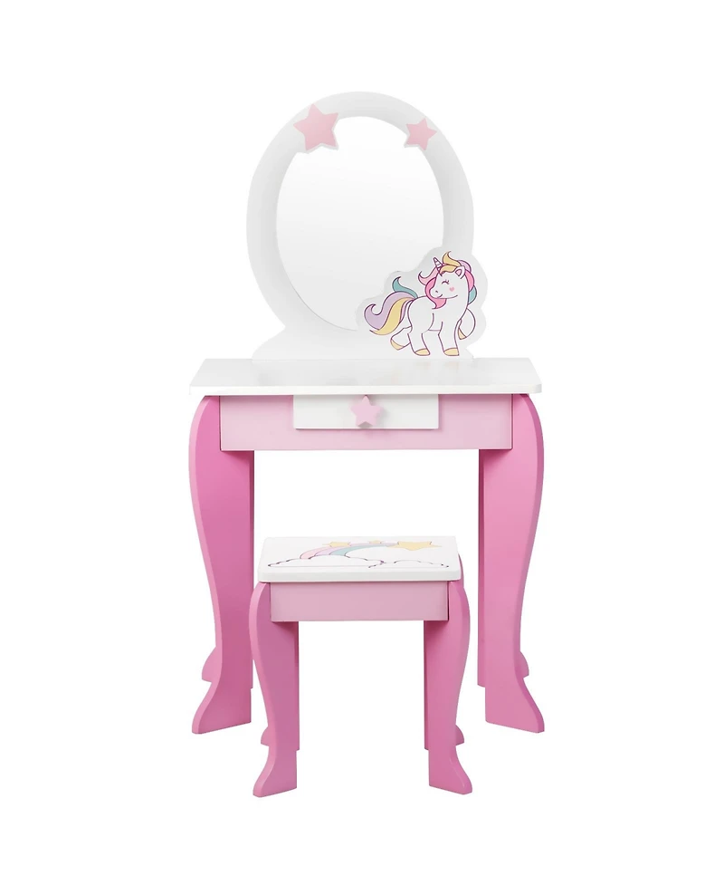 Gouun Kids Wooden Makeup Dressing Table and Chair Set with Mirror and Drawer