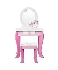 Gouun Kids Wooden Makeup Dressing Table and Chair Set with Mirror and Drawer