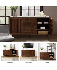 Hulala Home Crrillus Mid-century 58'' Wide 3 Drawer Sideboard with Slatted Doors