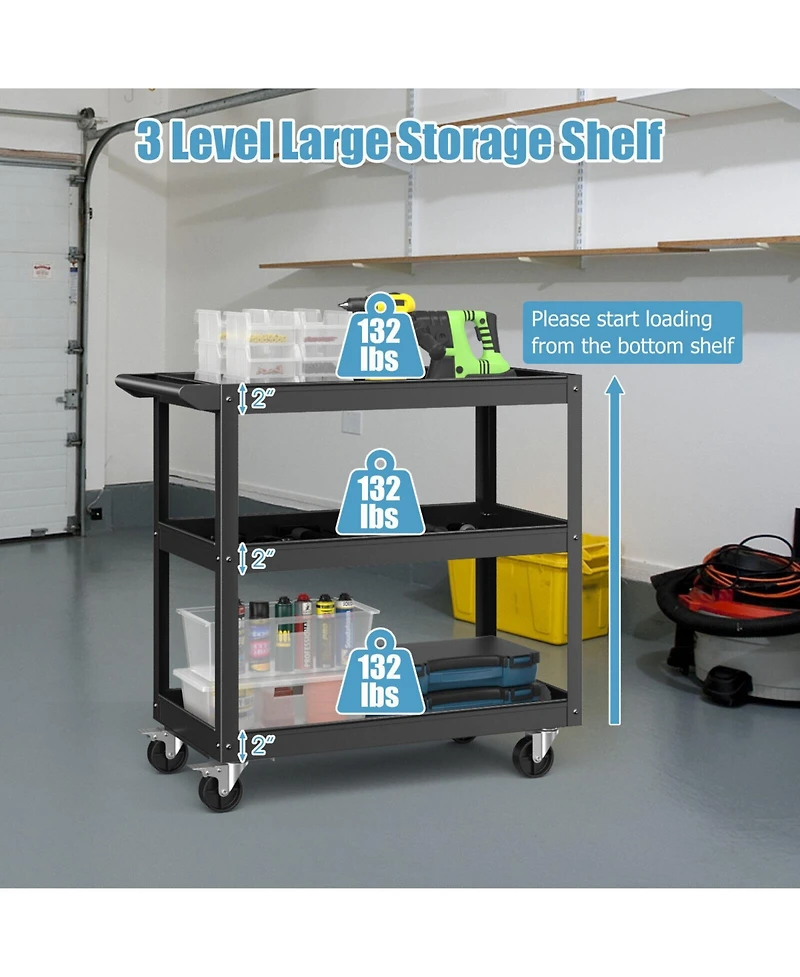 Gouun 3-Tier Metal Utility Cart Trolley Tool with Flat Handle and 2 Lockable Universal Wheels