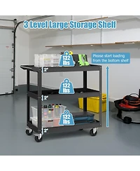 Gouun 3-Tier Metal Utility Cart Trolley Tool with Flat Handle and 2 Lockable Universal Wheels