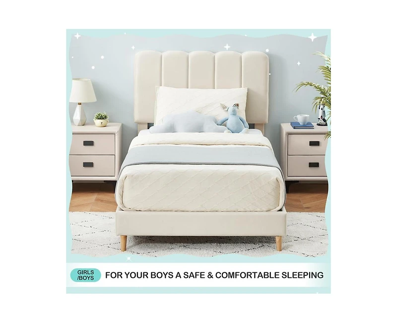 gaomon Twin Bed Frame for Boys & Girls, Velvet Upholstered Platform Bed Frame with Headboard, Strong Wooden Slats, Noise-Free,No Box Spring Needed