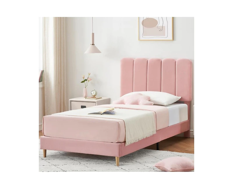 gaomon Pink Twin Bed Frame, Velvet Upholstered Platform Bed Frame with Headboard, Strong Wooden Slats, Noise-Free,No Box Spring Needed, Easy Assembly