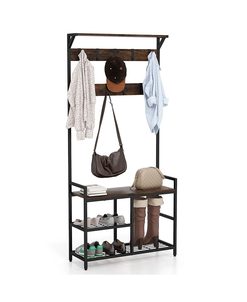 Gouun 71 Inch Freestanding Hall Tree with Shoe Bench and 9 Removable Hooks