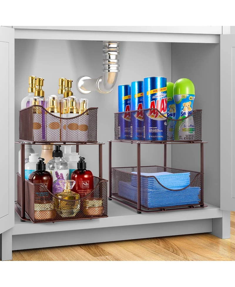 Sorbus 2 Pack 2 Tier Baskets with Mesh Sliding Drawers - Ideal Cabinet, Under the Sink, etc - Great for Bathroom, Kitchen, Office